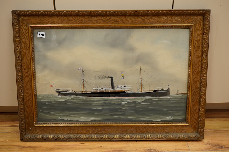 F. Corpuz (19th/20th. C), Study of a steamship at sea, signed and dated 1910, inscribed 'Antwerp', gouache, 41 x 66cm